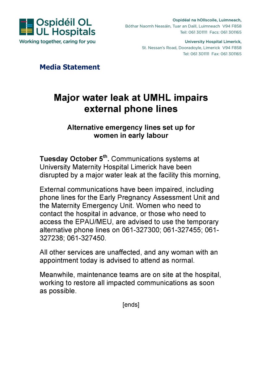 📰𝗠𝗘𝗗𝗜𝗔 𝗦𝗧𝗔𝗧𝗘𝗠𝗘𝗡𝗧
🔵Major water leak at UMHL impairs external phone lines
🔵Alternative lines set up for contacting hospital in emergencies⤵️
1/2