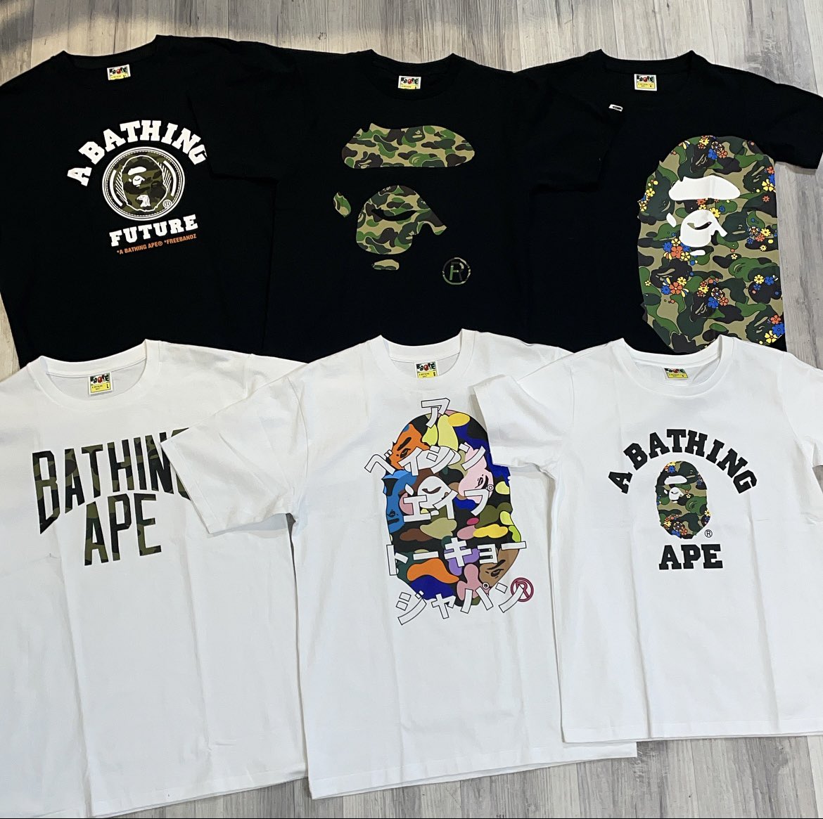 TokenMiami's tweet photo. BAPE ON BAPE 🦍 We have a nice selection of #BathingApe available at the shop from sizes XSmall to XXL. These are just a few of the tees we have in stock but slide by the shop this afternoon to check out our entire #Bape collection. See you at 1PM. #TokenMiami https://t.co/iBpSNPIG72