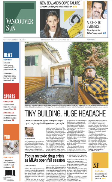 The Vancouver Sun (@vancouversun) on Twitter photo Good morning, on today's #frontpage, <a href="/fumano/">Dan Fumano</a> on how a squabble over construction of a shed on a tiny plot of land in East Van represents a larger problem w/ the city's 'rigid' rules. Plus, <a href="/LisaCordasco/">Lisa Cordasco</a> on the start of the legislature's fall session. Good morning, on today's #frontpage, <a href="/fumano/">Dan Fumano</a> on how a squabble over construction of a shed on a tiny plot of land in East Van represents a larger problem w/ the city's 'rigid' rules. Plus, <a href="/LisaCordasco/">Lisa Cordasco</a> on the start of the legislature's fall session.