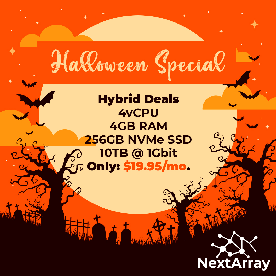 NextArray's tweet photo. NextArray is offering a super great deal on our Hybrid servers. Come check out our Halloween deals today and use Code: Halloween
https://t.co/llGv7PrEIO
@ubuntu @CentOS @freebsdfndation @linuxjournal https://t.co/bT8UyYqy3T