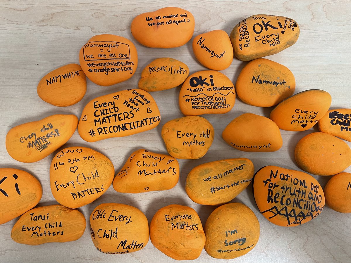 mlkneeshaw's tweet photo. over the past week students have been highly engaged in Truth &amp; Reconciliation. We created reconciliACTION rocks and participated in a discussion with Sheldon First Rider. We are so grateful to have had Sheldon share his stories us 🧡 #RVSed #BeCrossfield @WGMurdoch https://t.co/TkQEOIW8VF