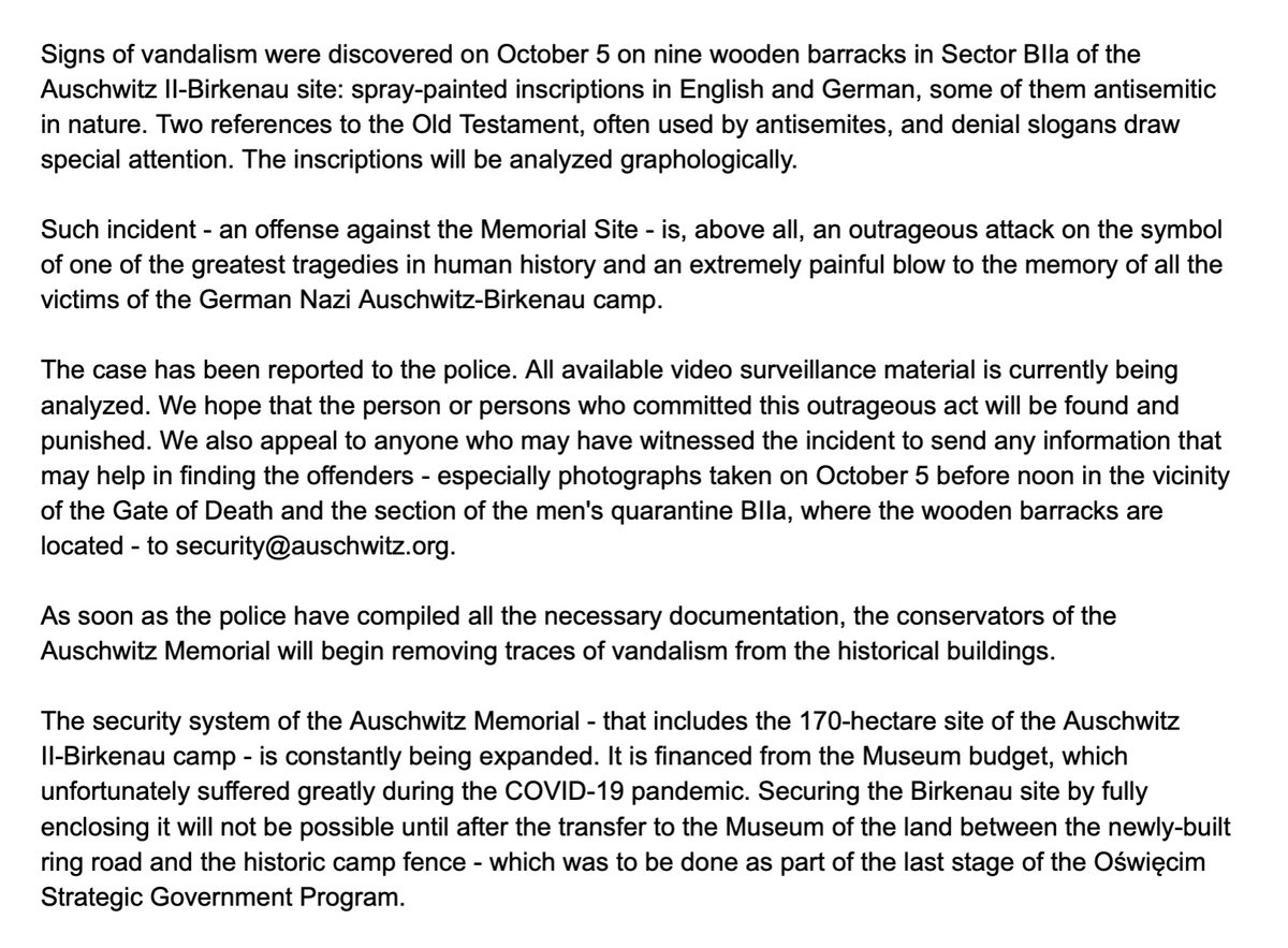 Statement concerning the vandalism that took place on October 5 at the Auschwitz II-Birkenau site.