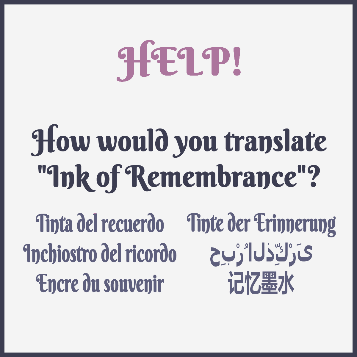speaxel's tweet photo. How do you say "Ink of Remembrance" in your language?

We want to make "Spirit Sitter: Ink of Remembrance" available in as many languages as possible!

#langtwt #polyglot #translation #webcomic #comics #comicart #coverart #coverdesign https://t.co/BeXWc6KX8G