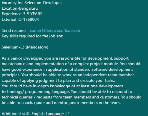 denovosoftsol's tweet photo. #denovojobs 
Vacancy for-Selenium-Developer
Location-Bengaluru
Experience-3-5 YEARS
External ID-1768884

Send resume – career@denovosoftsol.com
#selenium #SOAtesting #groovyscripting #dataanalyst #seniordeveloper #testengineer #seleniumjobs #dataanalyst #developer #testengineer https://t.co/jASD8XE3LV
