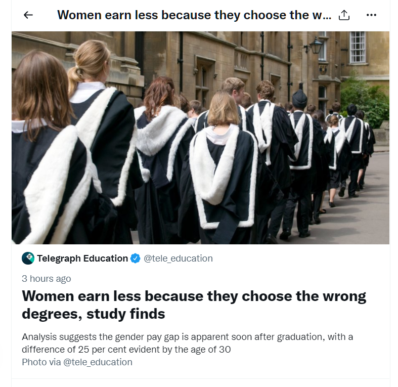 Grombags's tweet photo. "Women choose the wrong degree subjects"
Unbelievably crass statement to 'justify' pay inequality.
Why is it that everything is somehow women's fault these days? 😠
#equal_pay4_all #education https://t.co/n5Jmtntr4n