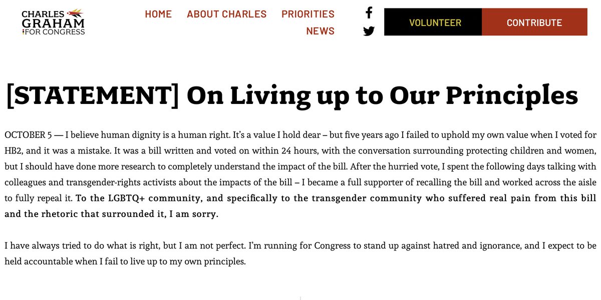 cmclymer's tweet image. I really appreciate this statement from @CharlesGrahamNC. As a trans woman, I was very upset when I learned he voted for HB2. However, I&apos;m quite impressed with this thoughtful apology. We should encourage leaders to learn and grow. This is a good thing.

votecharlesgraham.com/statement-on-l…