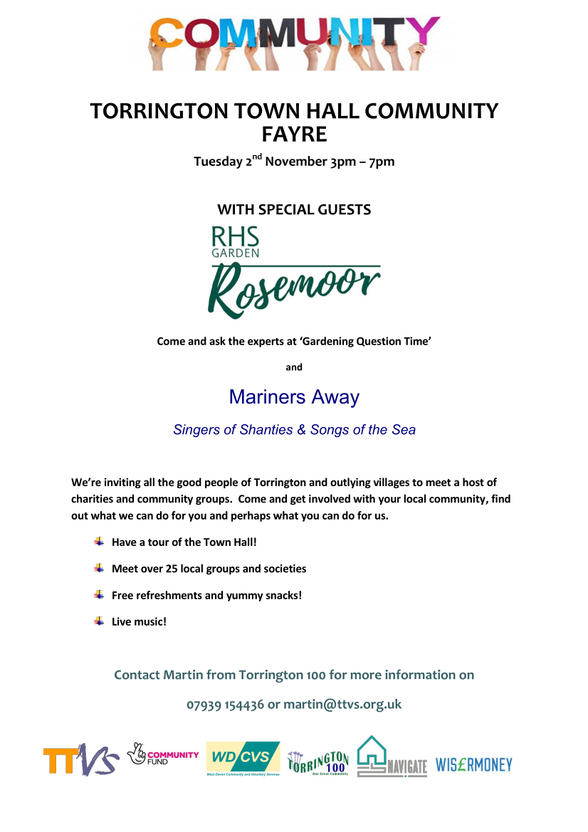 gtsdevon's tweet photo. 💾📅Tuesday 2nd November
Community Fayre at Torrington Town &amp; Community hall. 30 stall holders, #charities #societies &amp; #communitygroups  They are keen to meet with you.

#Devon #Communtiy @greattorrington #seashanties #Bakery #localpeople #localorganisations #RHS #Rosemoor https://t.co/YDc1Stek8Q