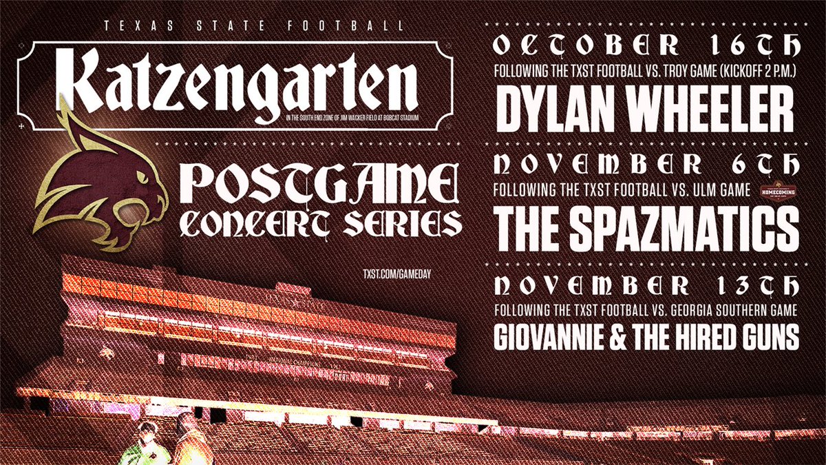 TxStateBobcats's tweet photo. Introducing, the TXST postgame concert series! Following select games, we will host a concert in the Katzengarten. Check out who we are bringing for your listening pleasure! #EatEmUp https://t.co/rNqb2JJNVX