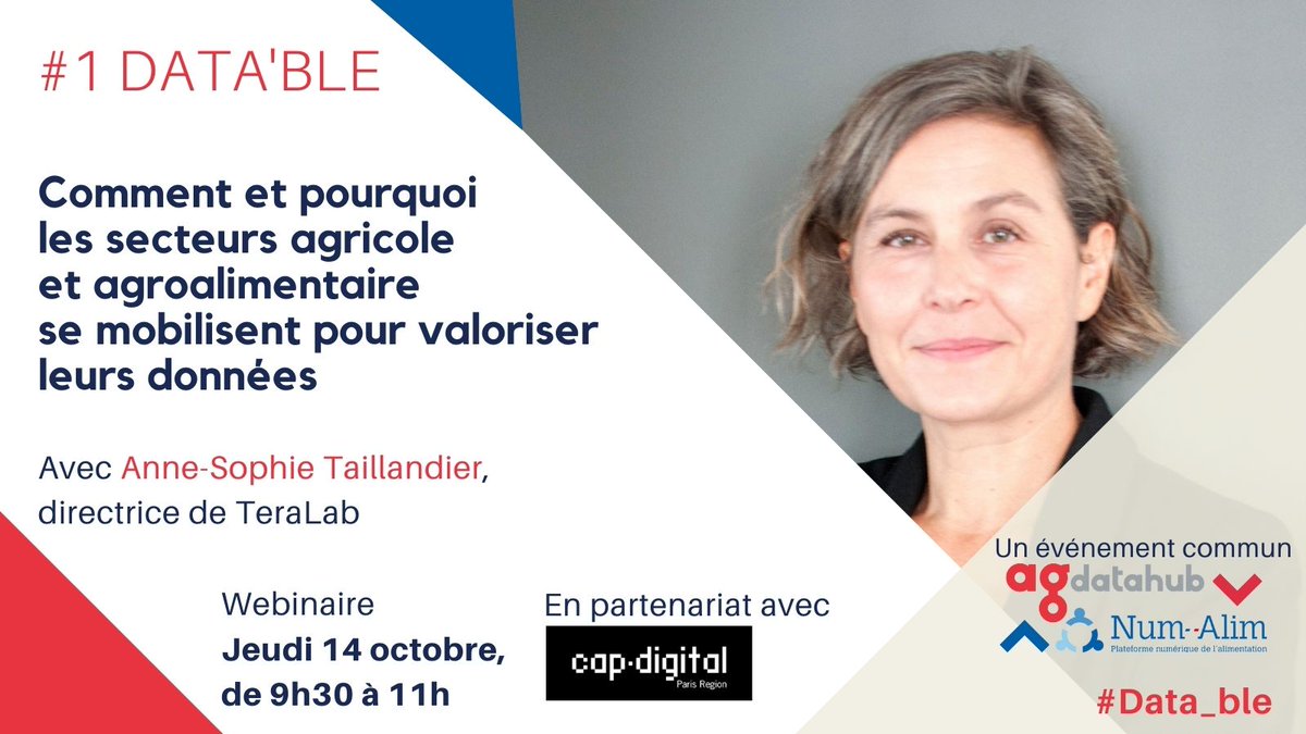agdatahub_FR's tweet photo. 🗓️Webinaire #Data_ble de @Agdatahub_FR et @NumAlim le 14 octobre.
En intro, @astaillandier de @TeraLab_DIH dressera un panorama des secteurs qui se sont déjà emparés du sujet des #data.
🖊️Inscription : https://t.co/CF92wJFNiQ
#AgriData #DataExchange https://t.co/XXfMNETqIC