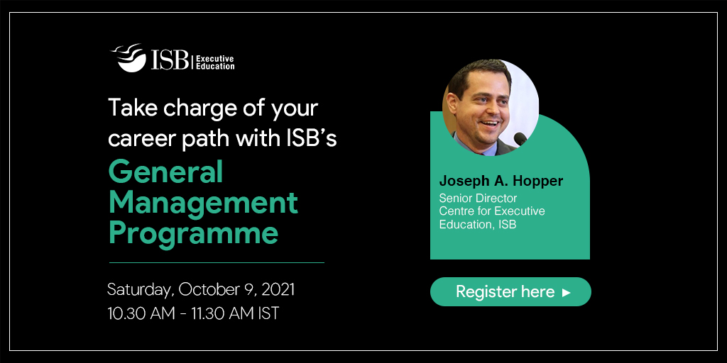 ISBedu's tweet photo. Know how the #GeneralManagementProgramme can take your career to the next level by helping you think beyond your functional expertise. Join us at a webinar to know more about the programme and your career trajectory.
🗓️ Oct 9, 2021, 10.30 AM
🌐 https://t.co/KQsuY1ICTa
#ISBCEE https://t.co/VSN1tVp9Wf