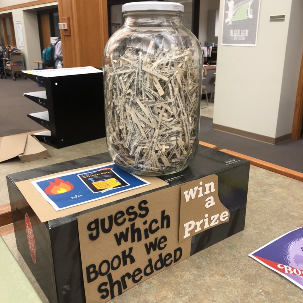 GHSLibrary304's tweet image. Come down to the library to learn about some banned books and take a guess at our shredded book! Winner will be pulled on Friday!