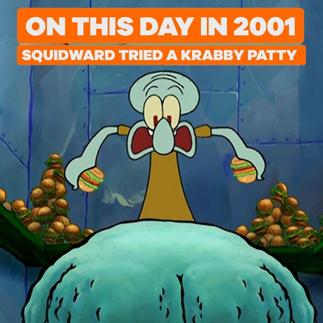 SpongeBob's tweet photo. today marks the day that Squidward finally tried a Krabby Patty 🎉🍔 https://t.co/h0n10yeQNE