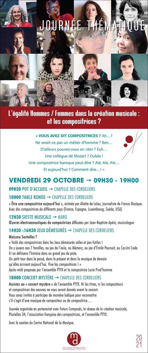 SAVE THE DATE!
Musiques Démesurées organise une journée focus sur les compositrices le vendredi 29 octobre prochain. Table ronde, sieste électroacoustique avec des oeuvres de compositrices, "jeux démesurés", concert mystère... Venez nombreux !
Entrée libre sur réservation.