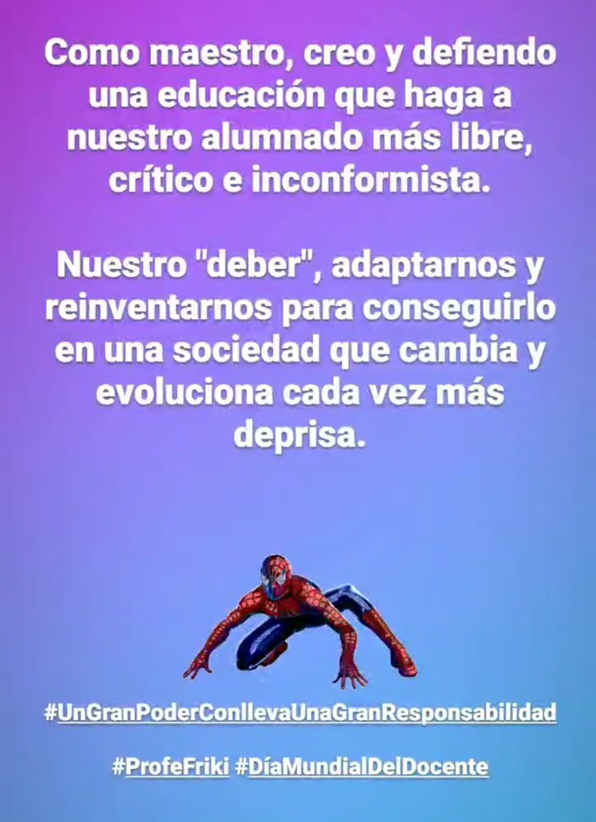 JoseMGadea's tweet photo. Por una educación que haga al alumnado más libre, crítico e inconformista.
Un gran poder conlleva una gran responsabilidad 🕸️🕷️
#DíaMundialDelDocente #ProfeFriki #ProfeJose https://t.co/McImwQw1mn