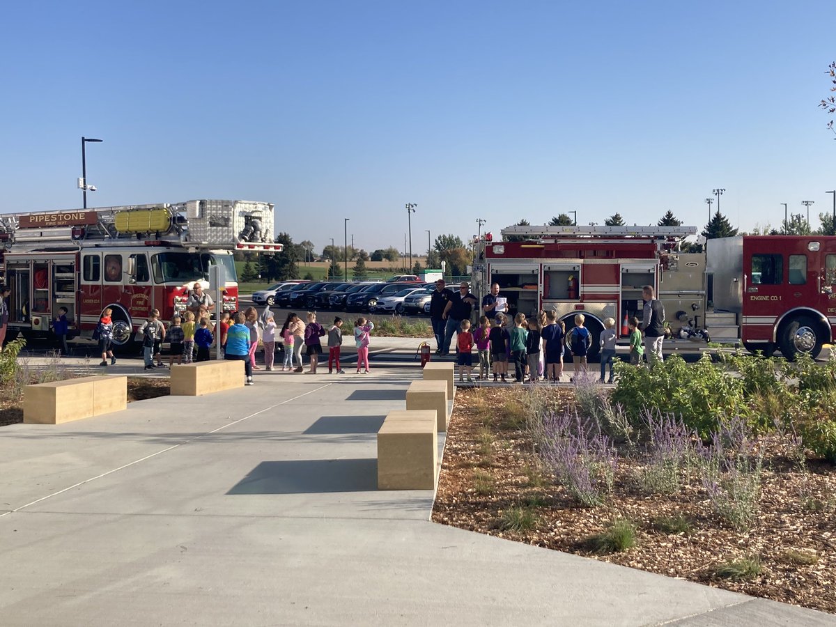 Pipestone Fire Dept teaching Kindergarten students fire safety. Excited students and firemen!!