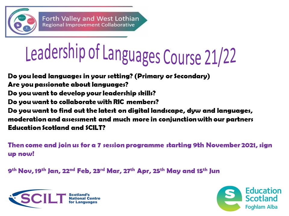 RonaGrant's tweet photo. Interested in leading languages... @ClacksEducation?
@FVWLric @EducationScot @scottishcilt Languages Leadership Programme is due to begin... sign up form below 👇
#clacksloveslanguages #1plus2clacks
Details with leads and headteachers ⭐
https://t.co/UdiPp8T15W https://t.co/qUoOOhy4md