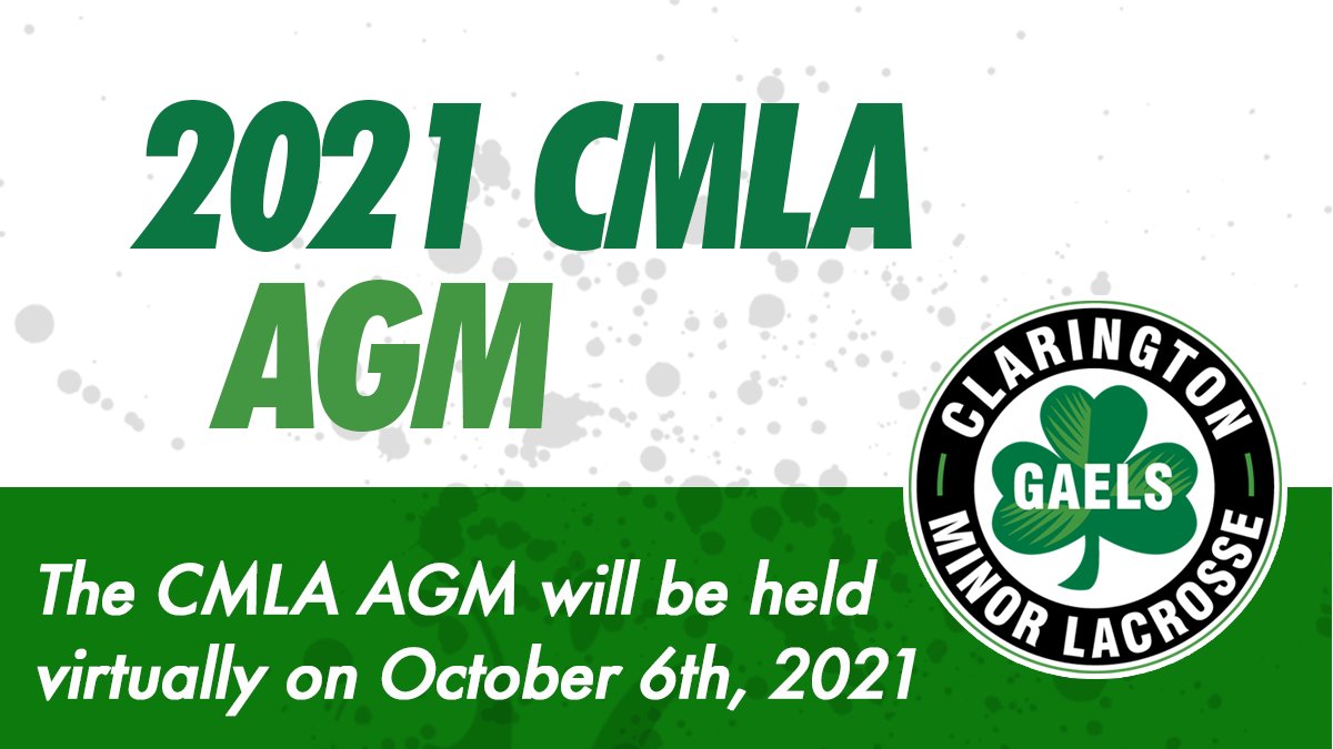 The CMLA 2021 AGM is tomorrow Wednesday October 6th at 7pm. It will be held virtually via zoom. Please see website for full details. 
claringtonminorlacrosse.ca/cmla-agm
