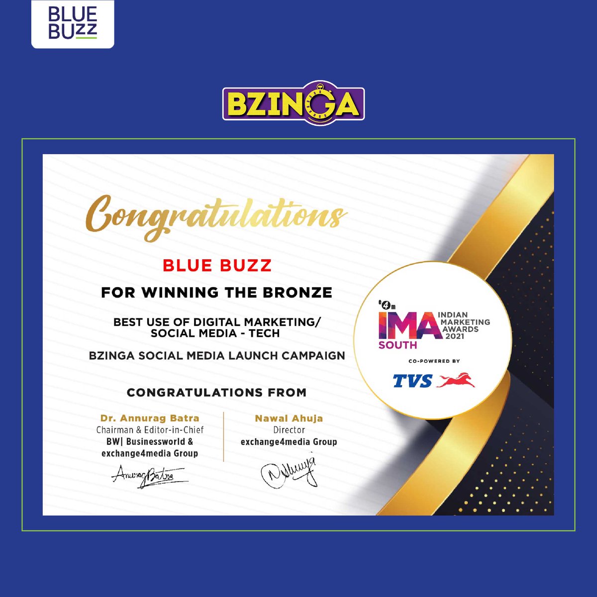 BlueBuzz6's tweet photo. We are absolutely stoked to announce our Bronze clincher at the 1st edition of #e4mIMAS. Glad to see the team's hardwork come to fruition for this special win. 

@e4mevents

#Bzinga #BuzzMakers #SocialMedia #Awards https://t.co/9XMccm4aq6