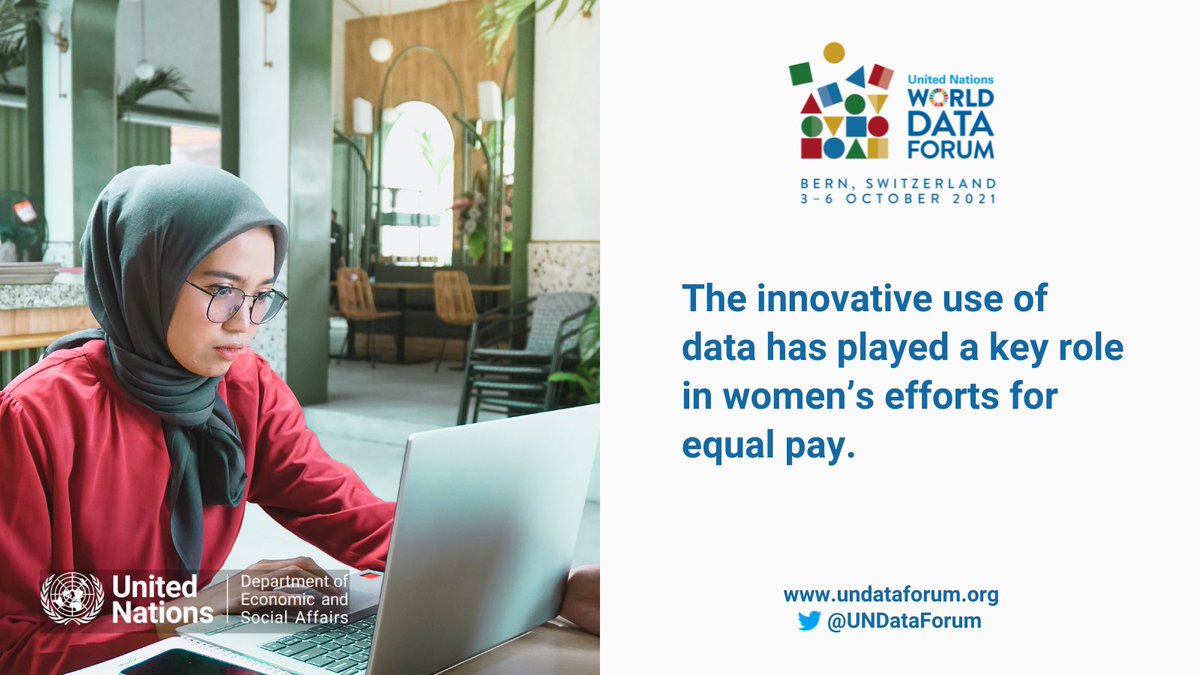 A yong woman in a head scard is working on a laptop. TEXT: The innovative use of data has played a key role in women's efforts for equal pay.