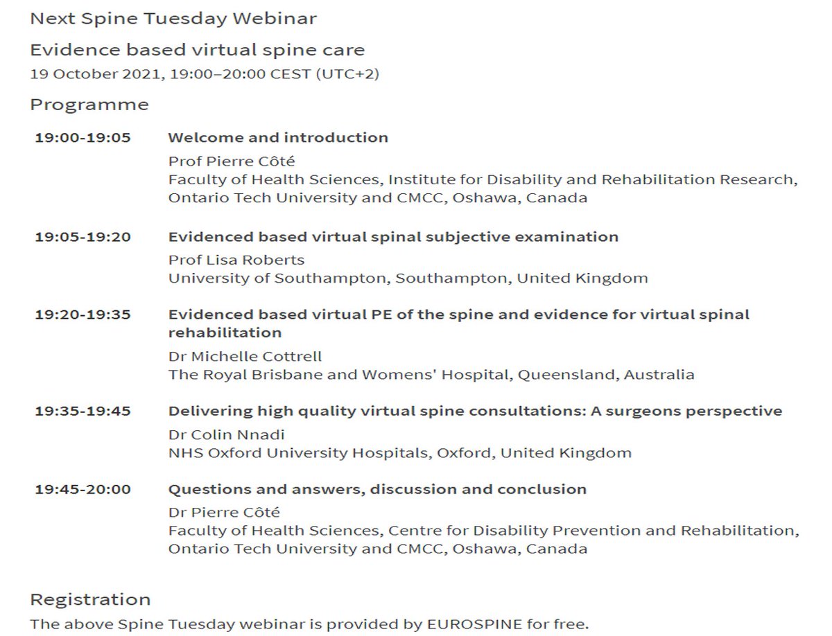IDR Research (@idrresearch) on Twitter photo *Evidence based virtual spine care*, topic of the first EUROSPINE Spine Tuesday. A new webinar series featuring updates and highlights in spine care, open to all & free! First webinar is October 19 (1:00 pm EST) and moderated by <a href="/pierrecoteuoit/">Pierre Côté</a>. Register: eurospine.org/spine-tuesday.… *Evidence based virtual spine care*, topic of the first EUROSPINE Spine Tuesday. A new webinar series featuring updates and highlights in spine care, open to all & free! First webinar is October 19 (1:00 pm EST) and moderated by <a href="/pierrecoteuoit/">Pierre Côté</a>. Register: eurospine.org/spine-tuesday.…