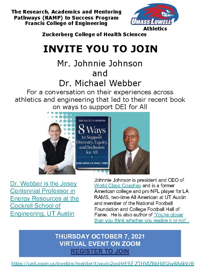 Looking forward to the talk by Prof. Michael E. Webber <a href="/MichaelEWebber/">Michael E. Webber</a> and Mr. Johnnie Johnson <a href="/PapaJohnson28_9/">Johnnie Johnson</a> this Thursday October 7, 3 pm <a href="/UMassLowell/">UMass Lowell</a> @UMLAthlFacEvts <a href="/UML_ZCHS/">UML Zuckerberg College of Health Sciences</a> <a href="/UMLEngineering/">UMLEngineering</a>
