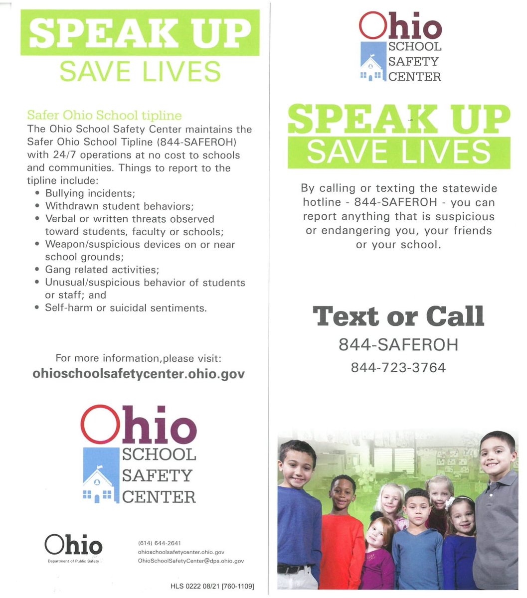 _SCOPE_Academy_'s tweet photo. The Safer Ohio School Tip Line is a free safety resource available to all Ohio schools. The tip line is an anonymous reporting system that accepts both calls and texts 24 hours a day. Please see below to learn more information about how Ohio’s schools are promoting safety! https://t.co/EWM5ET5SFA