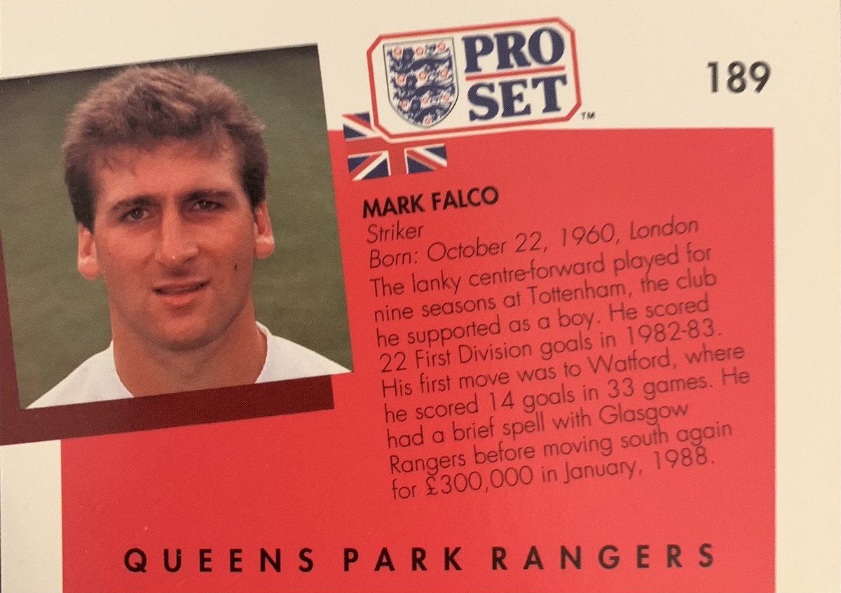 daily_set's tweet photo. Mark signed for @QPR from Rangers at the end of ‘87 and scored 27 in 87 league games. He left in ‘91 for @MillwallFC shortly before retiring through injury. Voted into @SpursOfficial top 50 players in’09. #ProSet #ProSetDaily #spurs #markfalco https://t.co/OaMJAyUHK6