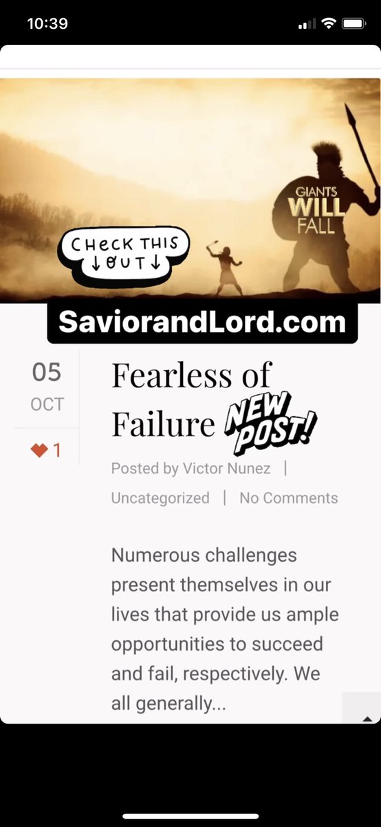 VictorMNunez's tweet photo. "Fearless of Failure", is now live on https://t.co/okxAS4PXG9. This one is about how we can come to a point of fearlessness with regard to mistakes. 
 #God #JesusChrist #Bible #Christianity #Proverbs #KingDavid #Goliath #inspiration #persevere #obedience #faith #failforward https://t.co/tQqnOPRmoY