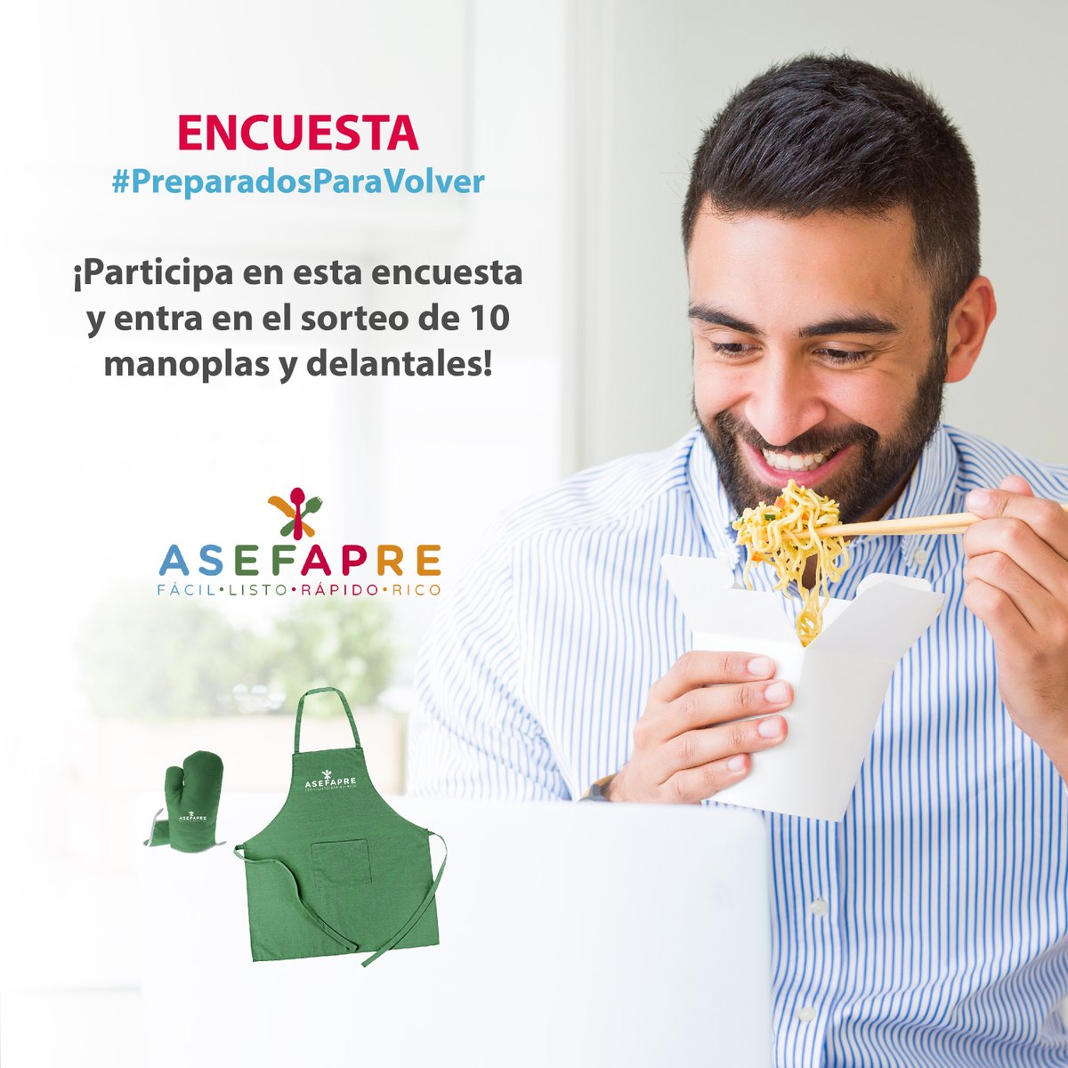 asefapre's tweet photo. ¿Estás preparad@ para volver a la oficina? Desde #Asefapre queremos saber si has cambiado o no de hábitos de alimentación durante la vuelta al trabajo. #PreparadosParaVolver
¡Sortearemos 10 kits de cocina, compuesto por un delantal y una manopla! https://t.co/fei9bYE0Ab https://t.co/l8neUdxKEM