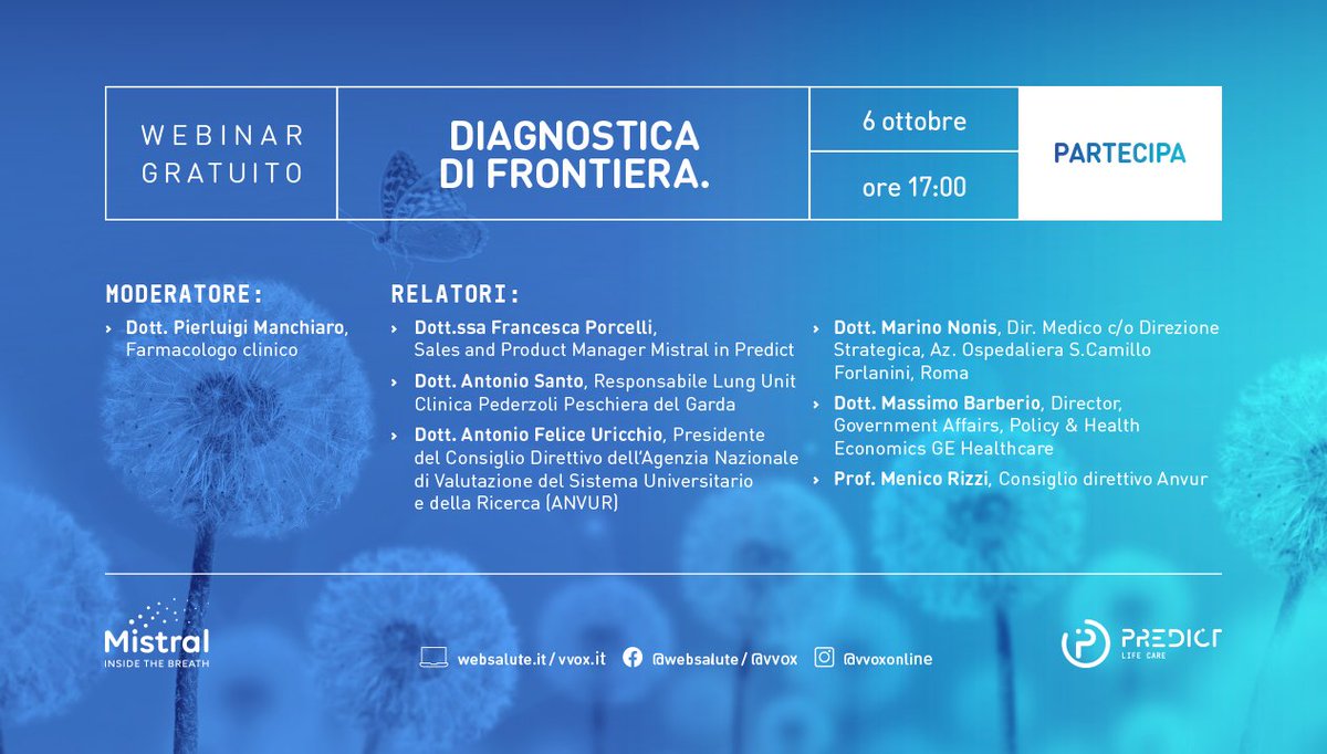 Domani, mercoledì 6 ottobre alle ore 17:00 la rivista <a href="/websalute/">Websalute | Vvox</a> , in collaborazione con <a href="/PredictBari/">Predict Healthcare</a>  organizza un webinar gratuito sul tema della #diagnostica innovativa con focus su #MISTRAL, il device per la Breath Analysis. 
Per maggiori informazioni: mistral-breath.it/breath-analysi…