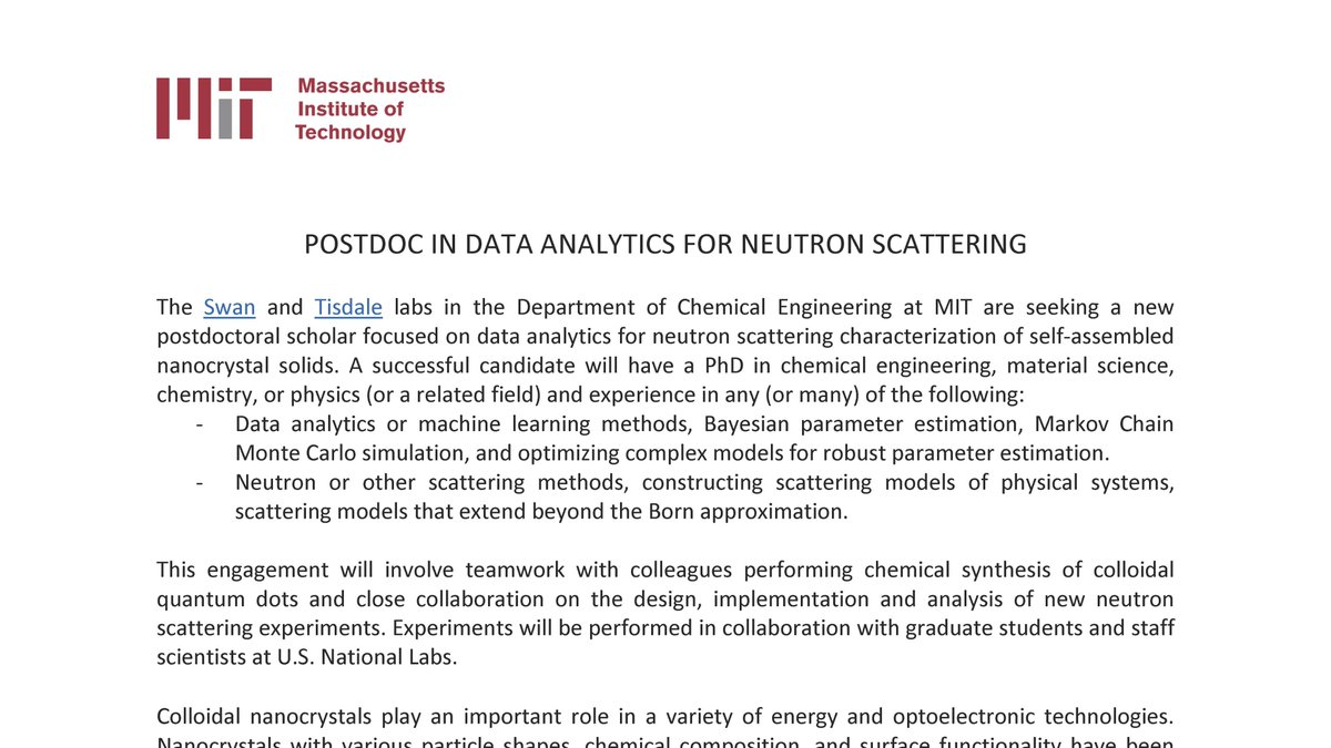 Postdoc opening joint with <a href="/Jim_Swan/">James Swan</a> focused on data analytics for neutron scattering of self-assembled nanocrystal solids. Please share broadly!
