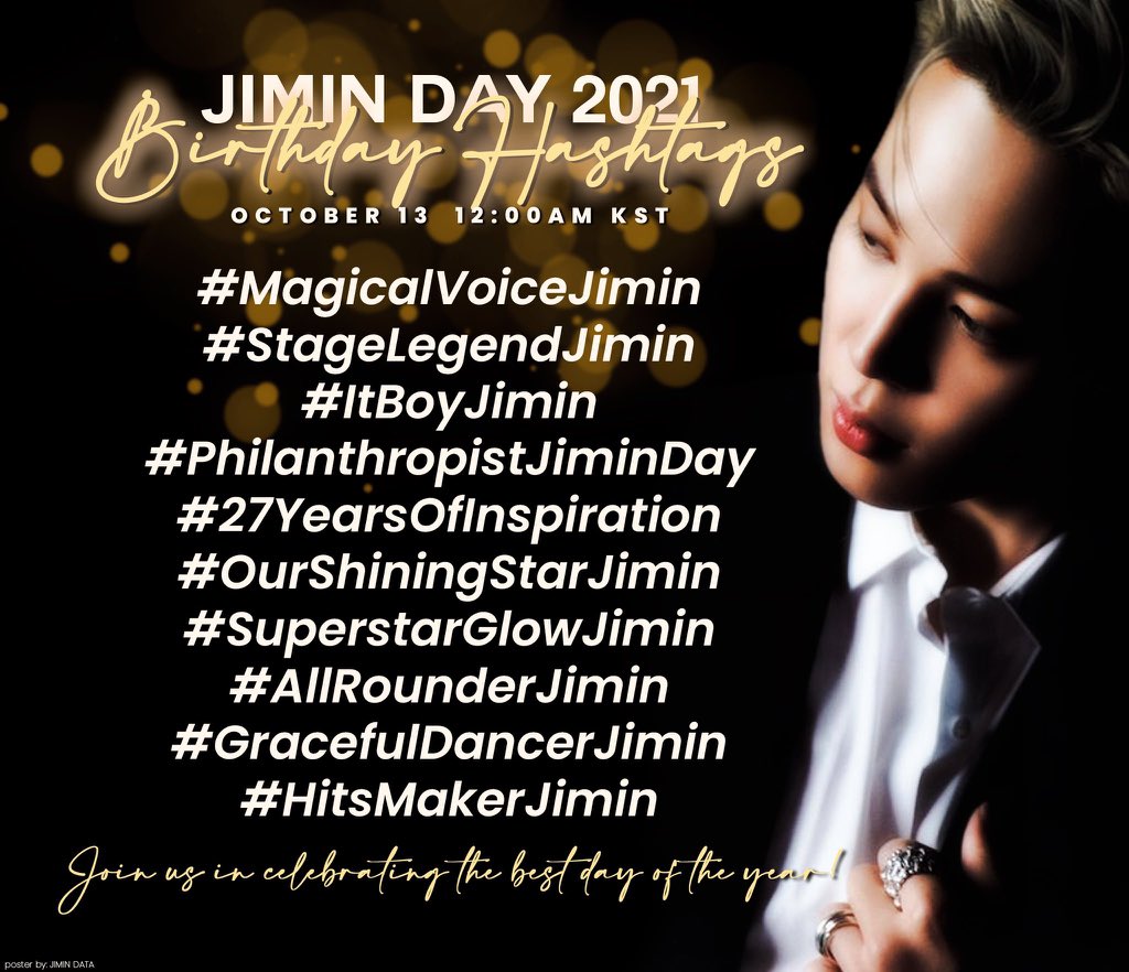 PJM_data's tweet photo. 🌟Jimin's Birthday Hashtags🌟

October 13 is the day we were blessed with the birth of an Angel— Park Jimin.

Join us as we come together to celebrate and cherish him as an artist and a human. Let's give him the warmest and happiest birthday yet!

#JIMIN #지민 @BTS_twt https://t.co/dbpikGfiEr