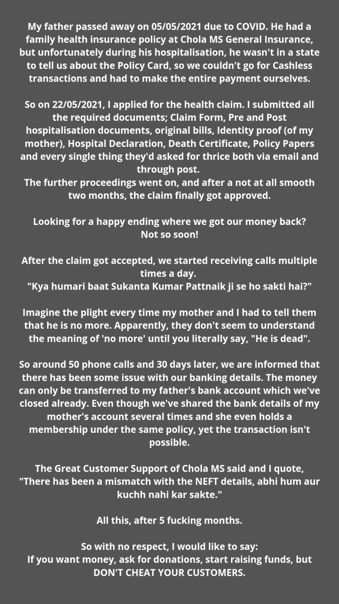 ShefaliPattnaik's tweet photo. If #worstcustomerservice is an Art, @CholaMS is the Picasso.

Read the entire thing.
#HealthInsurance #ShameOnYou #EnoughIsEnough #Covid_19 #SpreadTheWord https://t.co/q388AZghPr