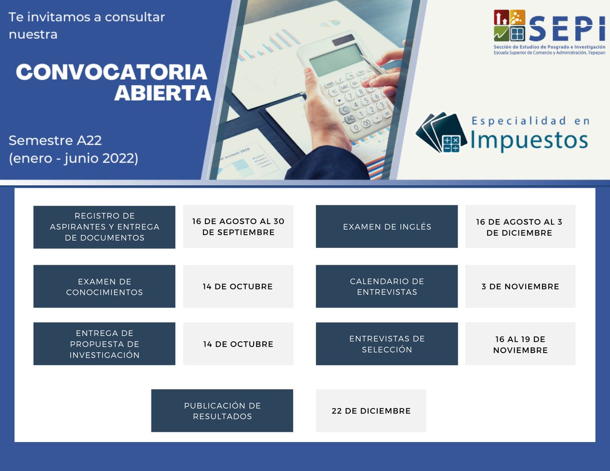 PosgradoESCATEP's tweet photo. ACTUALIZACIÓN
Te compartimos de nuevo las fechas actualizadas de nuestras convocatorias. https://t.co/Yffr6IsS16