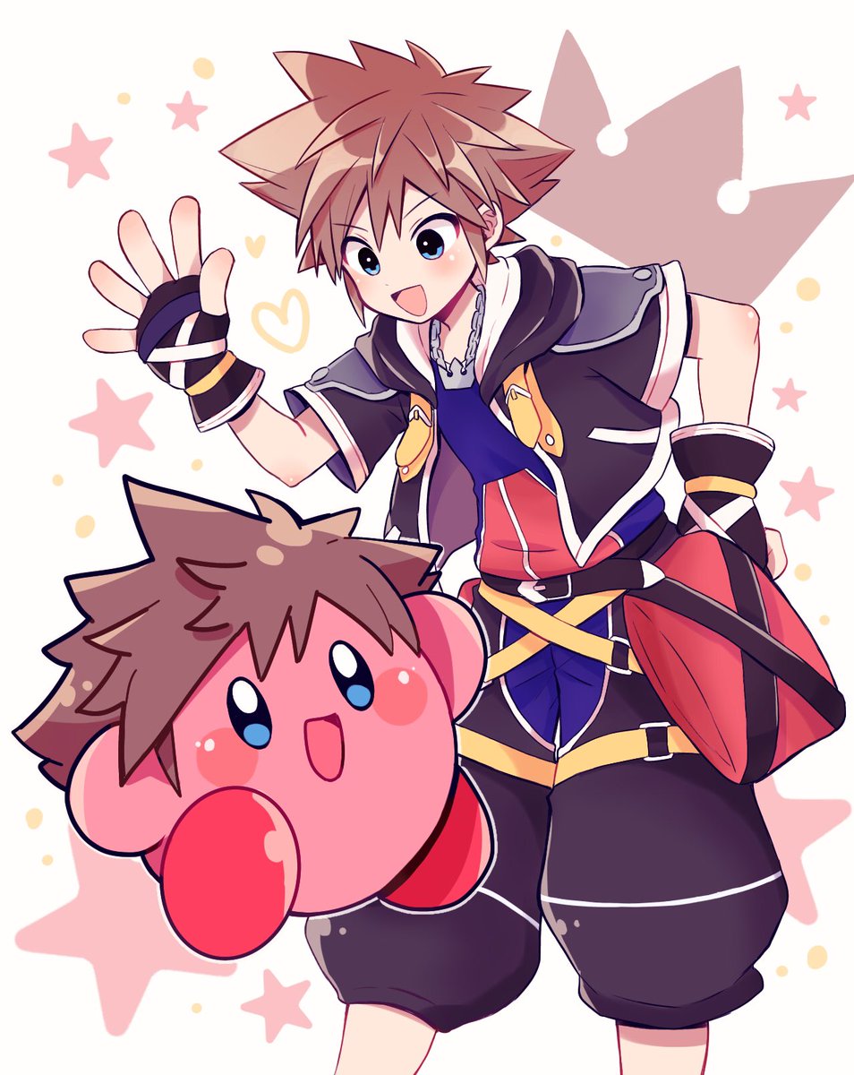 kirby ,sora (kingdom hearts) brown hair gloves blue eyes spiked hair fingerless gloves jewelry 1boy  illustration images