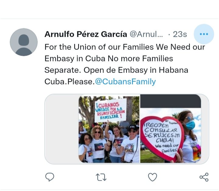 ArnulfoPrezGar1's tweet photo. #ConsularServicesinCuba
@SecMayorkas 
@POTUS 
For the Union of our Families. 
Open the Embasy in Cuba. 
No more families Separate. https://t.co/i2wBp7CMJI