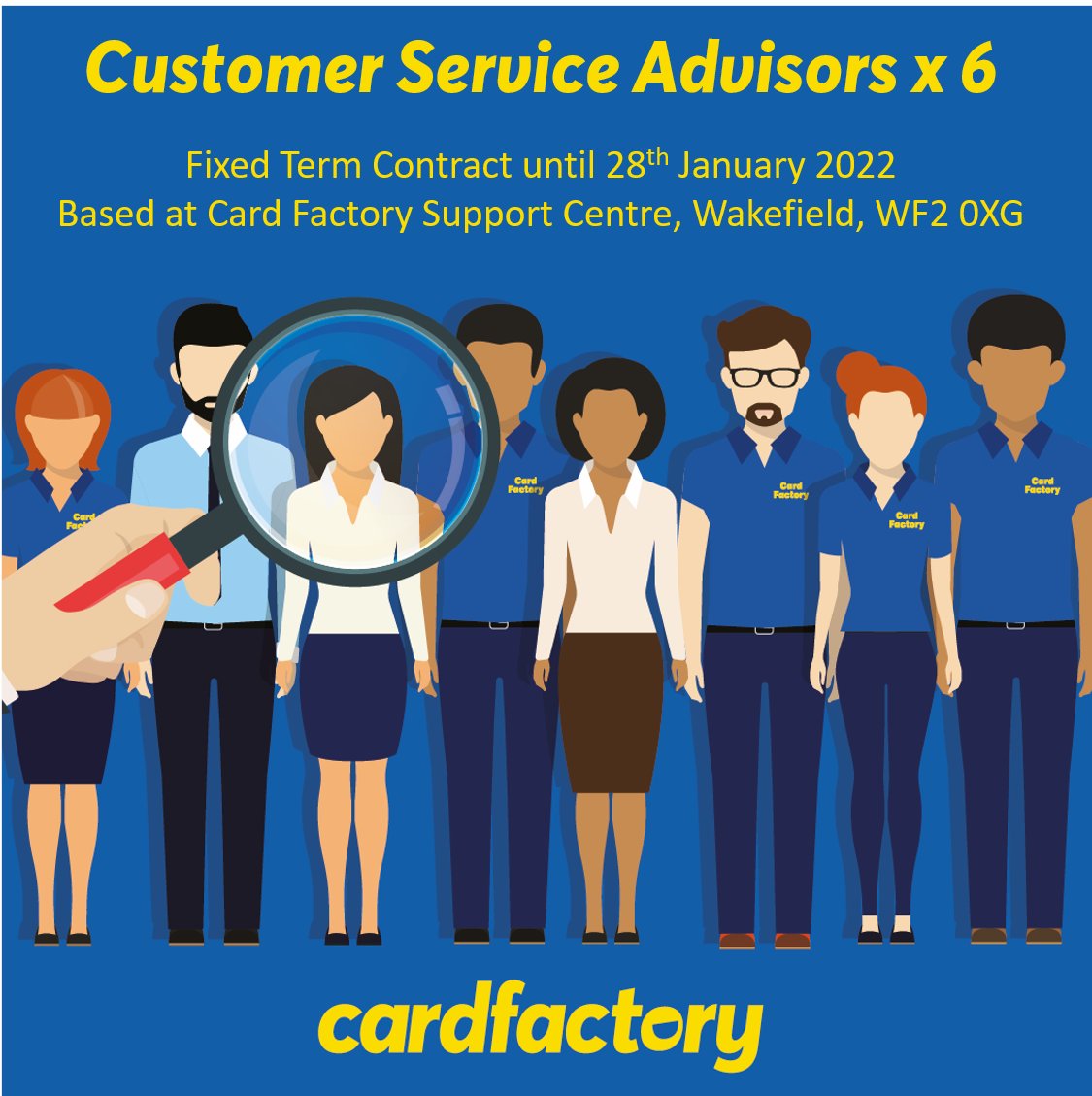 We're recruiting for 6 Customer Service Advisors to join our team based in Wakefield! 

Visit our careers website to make your application today:  cfjobs.co.uk 

#cardfactory #CardFactoryCareers #cardfactoryjobs #wakefieldjobs #jobsinwakefield #jobsinwestyorkshire