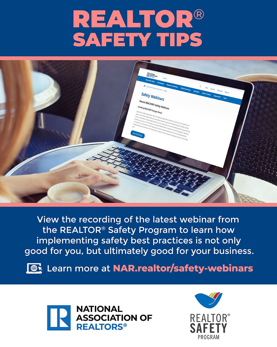 nardotrealtor's tweet photo. Watch the recording of the latest webinar from the REALTOR® Safety Program to learn how to avoid REALTOR® danger zones. Learn more! https://t.co/Nod5TPJk9i https://t.co/rmMkJBx1BF