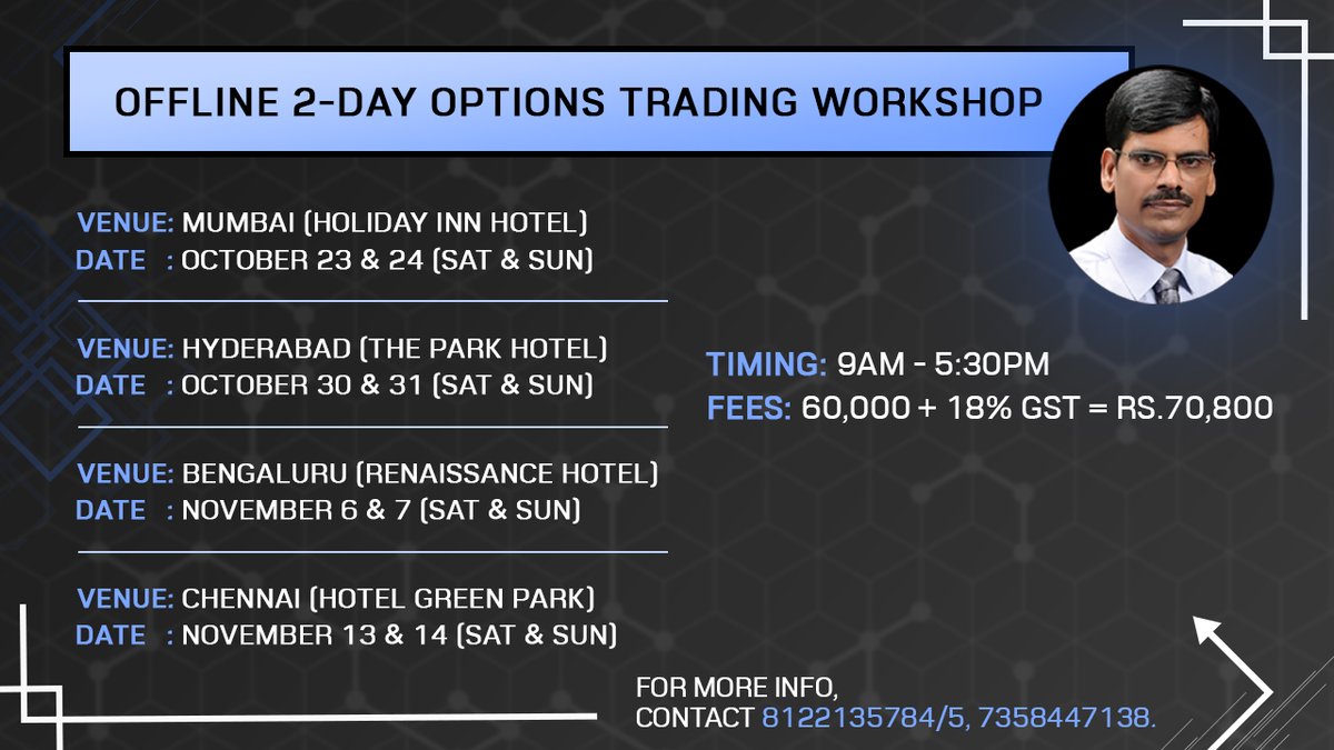 Finally opened registrations for 2-Day Offline Workshop after 18 months. Doing in 4 cities as part of first leg.
Interested people can go through more details and register here - workshop.prsundar.com

Also planning a Charity Dinner - will share details soon!
#OptionsTrading