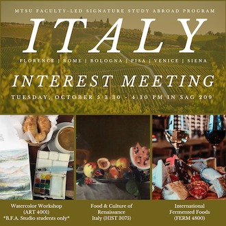 MTSU CBAS (@cbasmtsu) on Twitter photo Hmmmm....Study Fermentation Science in Italy?
Find out more TODAY
Tues, Oct 5
3:30pm, SAG 209
<a href="/MTfermentation/">MTSU Fermentation Association</a> <a href="/MTSUAg/">MTSU Ag</a> <a href="/MTSUstudyabroad/">MTSU EducationAbroad</a> #MTSUSciences Hmmmm....Study Fermentation Science in Italy?
Find out more TODAY
Tues, Oct 5
3:30pm, SAG 209
<a href="/MTfermentation/">MTSU Fermentation Association</a> <a href="/MTSUAg/">MTSU Ag</a> <a href="/MTSUstudyabroad/">MTSU EducationAbroad</a> #MTSUSciences