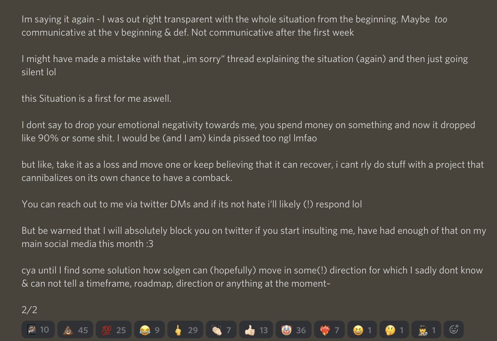 You disappoint me @SpookXBT 
Never thought i'll get rugged by my own friends 
minted 30+ solgens few weeks back just to support you but what you have done with this project is outright pathetic. Instead of refunding all those who minted your plagiarised shit you're mocking them.