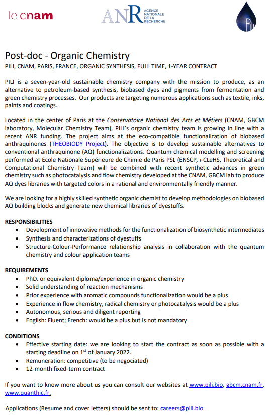 AmaraZacharias's tweet photo. Hey! A postdoctoral position in organic chemistry (photochemistry and flow chemistry) is opening @_PILIbio in Paris to work in collaboration with our group #GBCMlab @LeCnam and @group_ctm @ChimieParisTech Please RT our apply if interested ;-) https://t.co/54O8hzZYKB