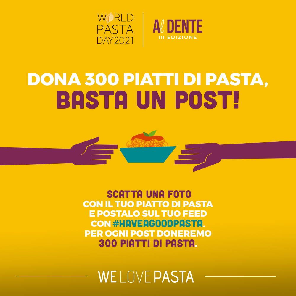 Condividi il buono della pasta: scatta una foto del tuo piatto e postalo sui social con l’hashtag #haveagoodpasta. Per ogni scatto pubblicato doneremo 300 piatti di pasta alle Caritas dille <a href="/caritas_milano/">Caritas Ambrosiana</a>, <a href="/CaritasRoma/">Caritas Roma</a>, Caritas di Napoli e Palermo. #WeLovePasta