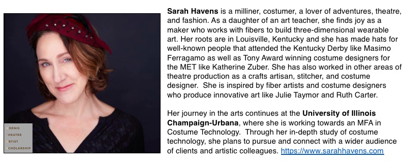 Meet Sarah Havens, a milliner and costumer currently studying at <a href="/TheatreIllinois/">Illinois Theatre</a> and a new #HTAS Scholarship Recipient! Congrats!🎭