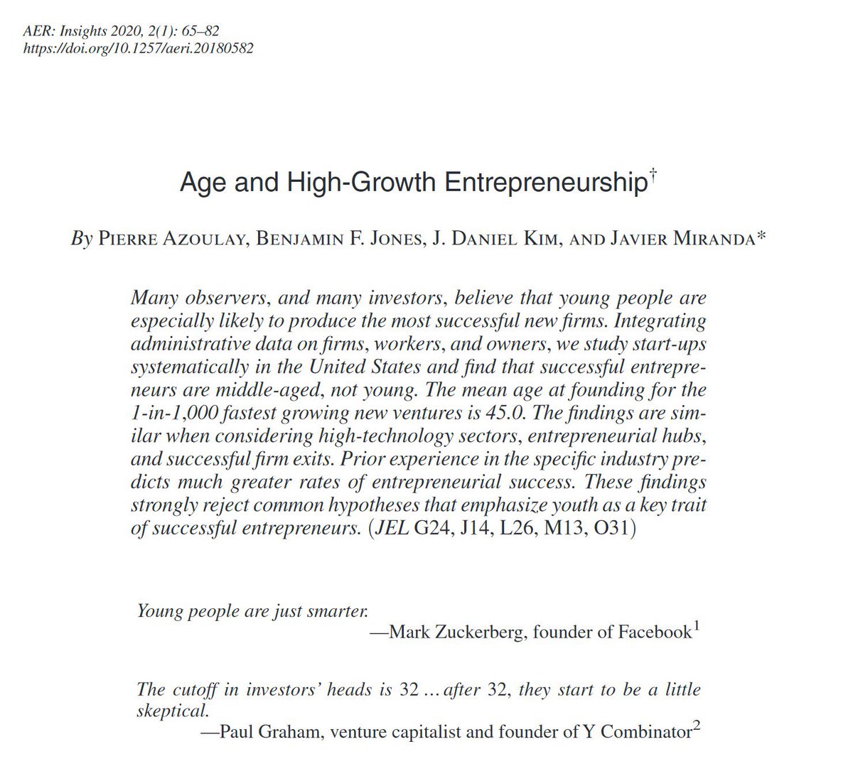 emollick's tweet photo. You are not too old to launch a startup. In fact, older founders consistently outperform:
1) In the US, the median age for launching a 1-in-1000 fastest growing company is 45 &amp; the average age of founders is 42
2) Worldwide, research shows older founders outperform younger ones https://t.co/SYetLpUG9T