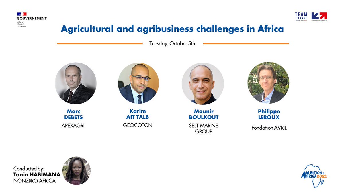 ambition_africa's tweet photo. #ambitionafrica 

👨‍🌾 Dernière table ronde de cette journée Business s'annonce sous le thème de défis agricoles et agroalimentaires en #Afrique.

Avec: Marc Debets @ApexAgric,  Karim Ait Talb de @Geocoton , Mounir Boulkout de SELT MARINE GROUP et Philippe Leroux de Fondation AVRIL https://t.co/eJXat1V4dS