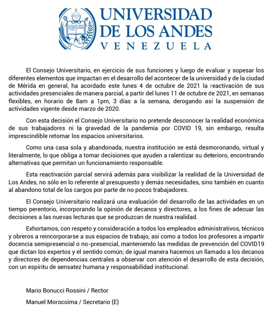 Remitido de la Universidad de Los Andes frente a la decisión de reanudación de las actividades.
