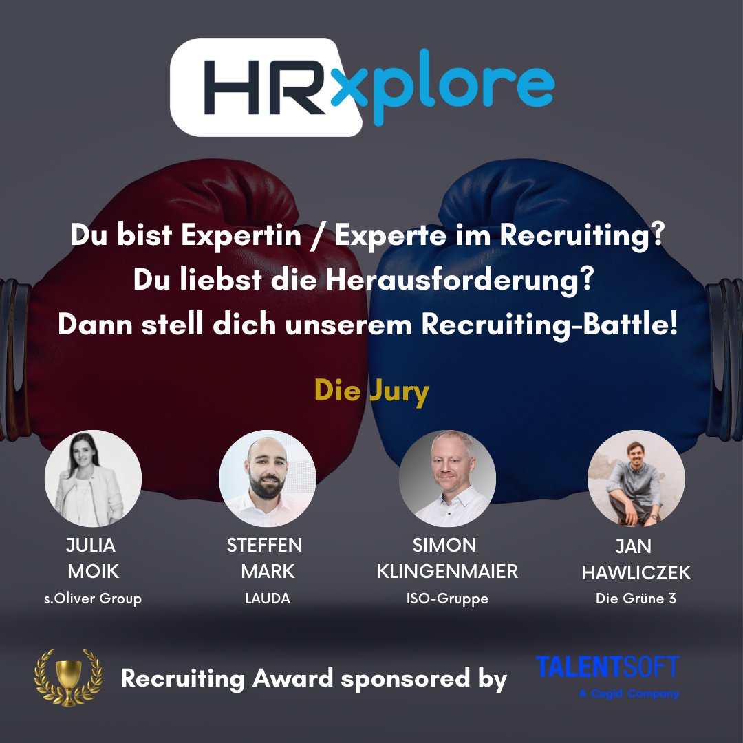 Stell dich unserer Aufgabe und sei kostenlos dabei bei der #HRxplore. Zu gewinnen: Recruiting-Award und  Preis. Bewirb dich per kurzem Kommentar bis zum 08.10.21 und sag, warum du bei unserer Battle dabei sein möchtest. <a href="/jani5700/">Jan Hawliczek</a> <a href="/KlingenmaierISO/">Simon Klingenmaier</a> <a href="/recsteffen/">Steffen Mark</a> <a href="/Talentsoft_DE/">Talentsoft DACH</a>