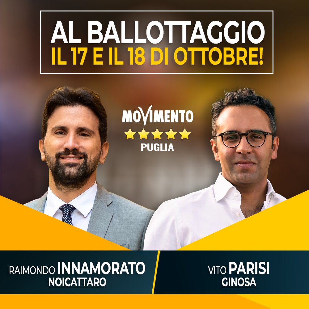 I nostri sindaci Raimondo Innamorato e Vito Parisi sono al ballottaggio. 
Un risultato importante che dimostra che il lavoro fatto, alla fine ripaga.
facebook.com/M5SPuglia/phot…
<a href="/RaimondoSin/">Raimondo Innamorato</a> <a href="/VitoePari/">Vito Parisi</a>