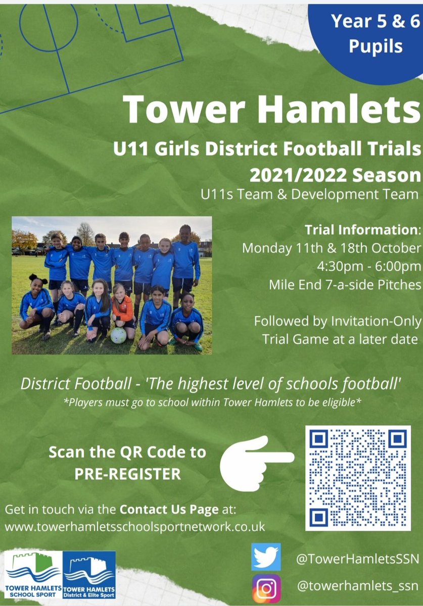 PE_Columbia's tweet photo. If your child is in Year 5 or 6 and enjoys playing football then head to Mile End Pitches for trials to represent Tower Hamlets! Click on the images to find out more information. https://t.co/4M0ZHIfbkL